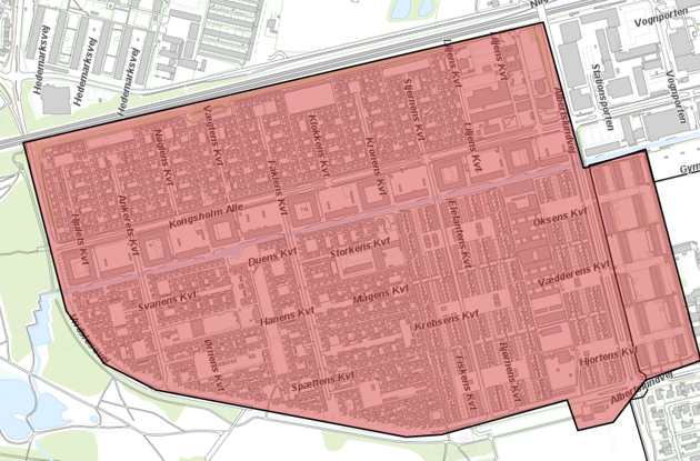 Et kort som viser de påvirkede områder, Albertslund Syd og Nordmarkshave i Vallensbæk Kommune.