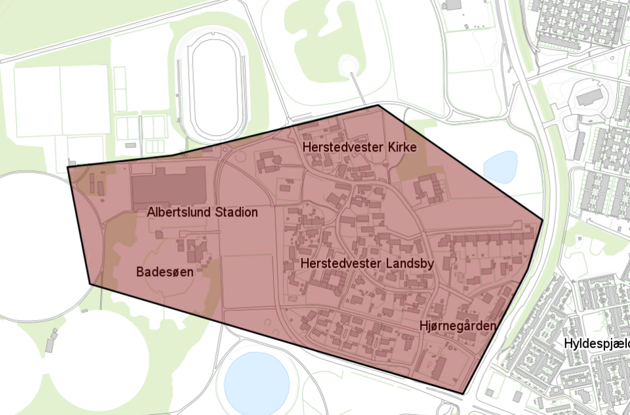 Kort som viser de påvirkede fjernvarmeområder, som er Herstedvester Landsby, Hjørnegården, Stadion og Badesøen